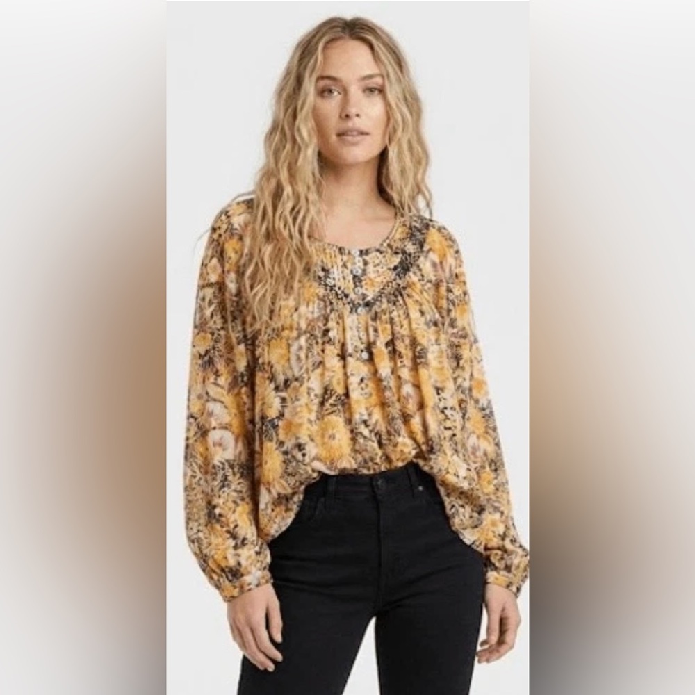 Free People Boho Floral Smocked Yoke Blouse - Yellow Floral